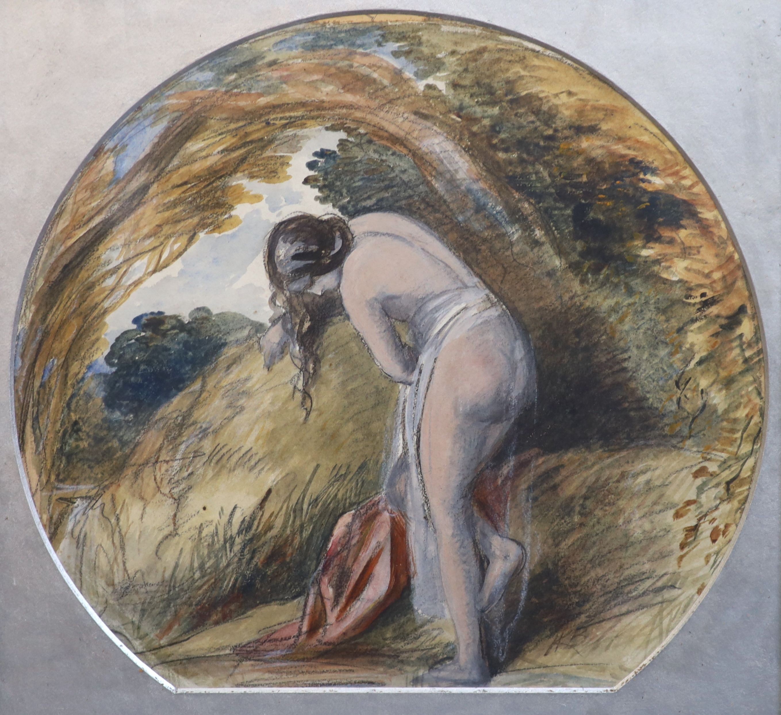 19th Century English School, Sketch of a female bather, charcoal and watercolour, 35 x 39cm